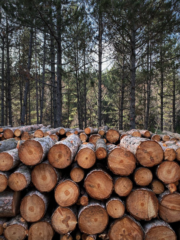 Pile of neatly stacked logs in a forest, suitable for natural resource themes.