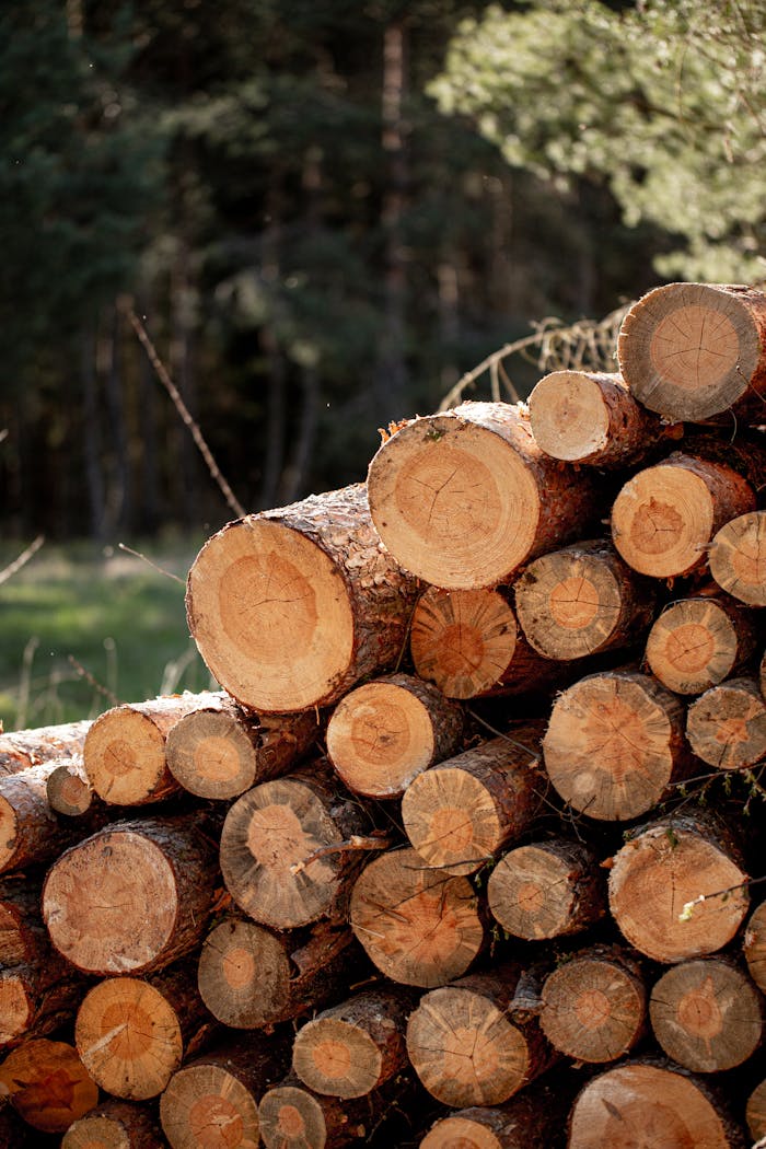 A vertical shot of neatly stacked logs in a sunny forest, capturing nature's earthy tones.